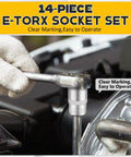 14 Piece E-Torx Socket Set With 1/4 3/8 1/2 Inch Drives External Torx Star Sockets E4-E24 in use on car engine part