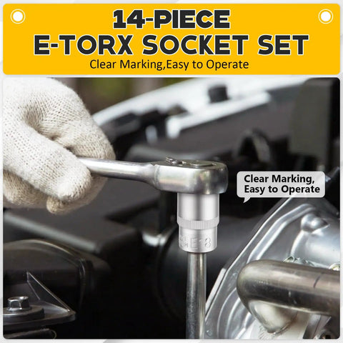 14 Piece E-Torx Socket Set With 1/4 3/8 1/2 Inch Drives External Torx Star Sockets E4-E24 in use on car engine part