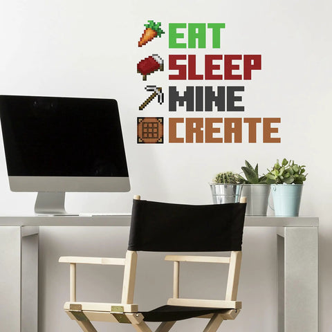 Minecraft Eat Sleep Mine Create Peel And Stick Wall Decal on office wall above desk with chair and plants, 8 removable pieces