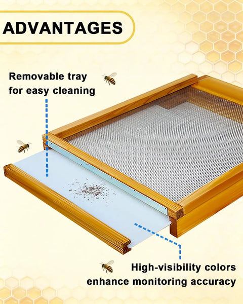 Screened Beehive Bottom Board For 10 Frame Langstroth Hives With Beeswax Coated Solid Wood Base showing removable tray.