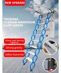 Electric Pull Down Attic Ladder With Titanium Magnesium Alloy Frame shown extended with blue steps and ceiling mount for easy access.