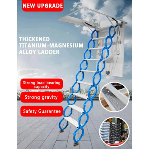 Electric Pull Down Attic Ladder With Titanium Magnesium Alloy Frame shown extended with blue steps and ceiling mount for easy access.