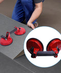 Heavy Duty Vacuum Suction Cups With Double Claw Design For Smooth Glass Tile And Wall Lifting featuring a user lifting a tile with red cups.