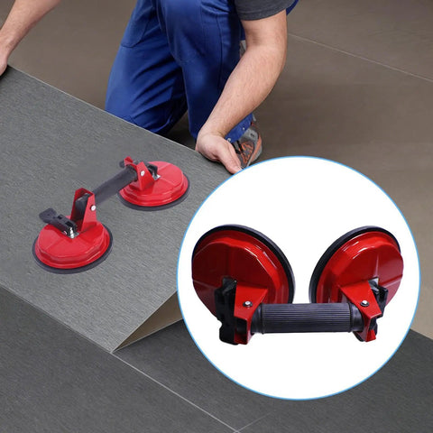 Heavy Duty Vacuum Suction Cups With Double Claw Design For Smooth Glass Tile And Wall Lifting featuring a user lifting a tile with red cups.