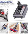 DW20V6 Vacuum Adapter For Dyson V6 Series And DeWalt 20V Battery shown with various Dyson V6 vacuums in use.
