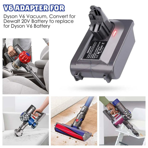 DW20V6 Vacuum Adapter For Dyson V6 Series And DeWalt 20V Battery shown with various Dyson V6 vacuums in use.
