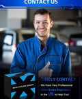 Person wearing blue work jacket gesturing thumbs-up near mass airflow sensor box, contact us details visible