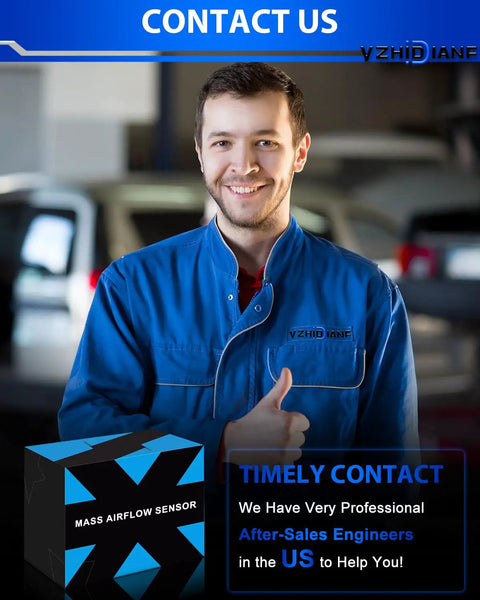 Person wearing blue work jacket gesturing thumbs-up near mass airflow sensor box, contact us details visible