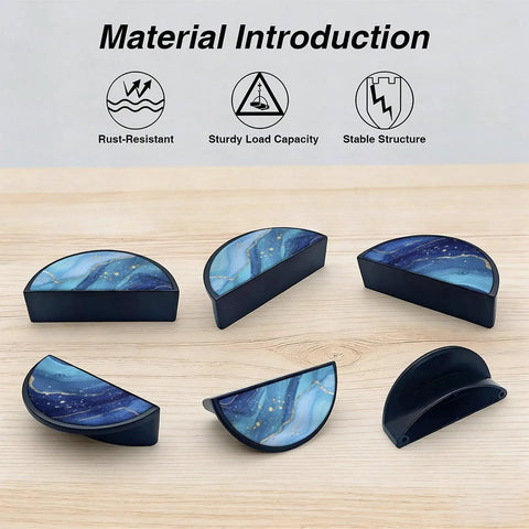 Blue Gradient Gold Fluid Art Cabinet Pulls Set Of 2 With 3 Inch Hole Center Black Semicircle Drawer Handles on wood surface