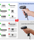 Comparison of Eyoyo 2D Barcode Scanner and Other Laser Scanner, showcasing handheld USB 2D barcode scanner wired plug and play automatic QR code reader with long USB cable for POS mobile payments and fast checkout in convenience stores supermarkets and warehouses.