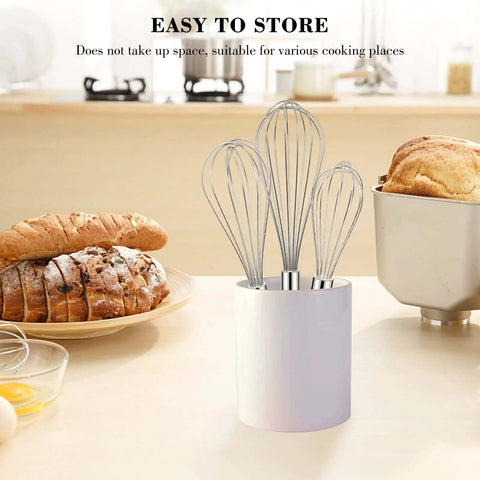 Go-To Stainless Steel Balloon Whisk Set In 8 Inch, 10 Inch, And 12 Inch Sizes in container on kitchen counter