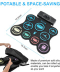 Compact 9-pad roll-up electric drum set with built-in dual stereo speakers and portable design for easy transport.