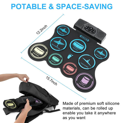 Compact 9-pad roll-up electric drum set with built-in dual stereo speakers and portable design for easy transport.