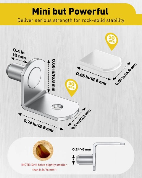 Absolute Game Changer 50 Pack Heavy Duty Shelf Support Pegs With Grippy Rubber Sleeves And Durable Nickel Coating, showing dimensions and details.