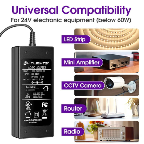 24V 60W Power Supply Adapter, 5.5 x 2.1mm DC Plug, UL Listed AC to DC Converter for LED Strip Lights and Low Voltage Gadgets