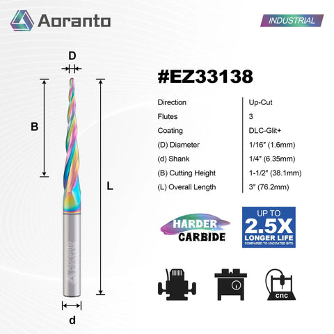 3.6 Degree Tapered Ball Nose CNC Router Bit, 1/4 Inch Shank, 3 Flutes, Up Cut End Mill, Pro Grade Coating