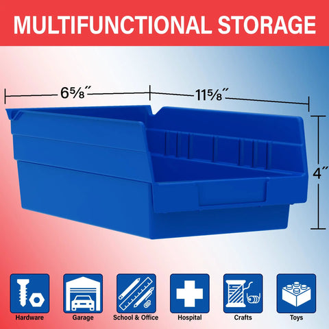 Heavy Duty Plastic Shelf Bins For Garage, Closet And Drawer Organization, Clear 12 X 6.5 X 4 Inch Bins, 12 Pack, blue bin