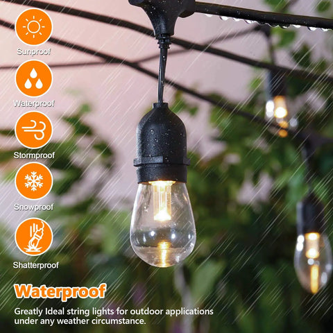Two Pack 96 Foot Outdoor String Lights With Remotes Dimmable 3 Color LED waterproof shatterproof Edison bulbs in rain
