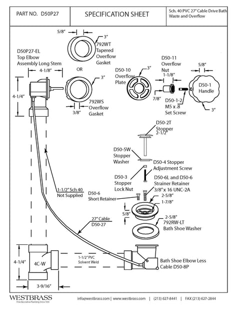 Heavy Duty Cable Driven Bath Waste Drain Assembly With Twenty Seven Long Cable And Solid Brass Handle Fits One Half Schedule Forty PVC Pipe Featuring Smooth Pop Up Stopper Valve And Tight Strainer Plate For Hassle Free Bathroom Updates Specification Sheet Diagrams