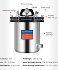 Front view of BAOSHISHAN 12L stainless steel steam autoclave with pressure gauge and handle