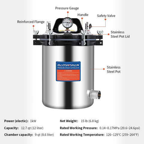 Front view of BAOSHISHAN 12L stainless steel steam autoclave with pressure gauge and handle
