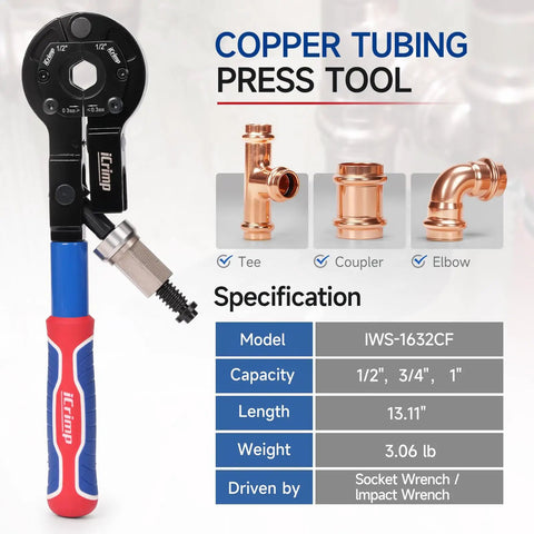 Copper Pipe Crimping Tool With Cutter For One Half Inch Three Quarter Inch And One Inch Copper Tubing ProPress Adapts To Manual Wrench Or Electric Socket Slip Resistant Grips For Tight Spaces No Soldering Needed Faster Safer Presses shown with copper fittings and specifications