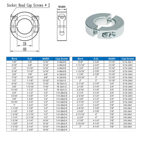 Diagram and image of set of four three quarters inch bore zinc plated shaft collar with double split clamp on design, includes M4 screws.