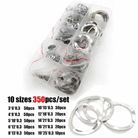 All In One Heavy Duty Stainless Steel Washer Kit 1050pcs M3–M19, 304 Grade Spring Washers With Three Wave Crest Gasket Design, Distributes Pressure, Prevents Loosening, And Keeps Fasteners Tight For Auto, Home, And DIY Projects. 10-size washer set in organizer.