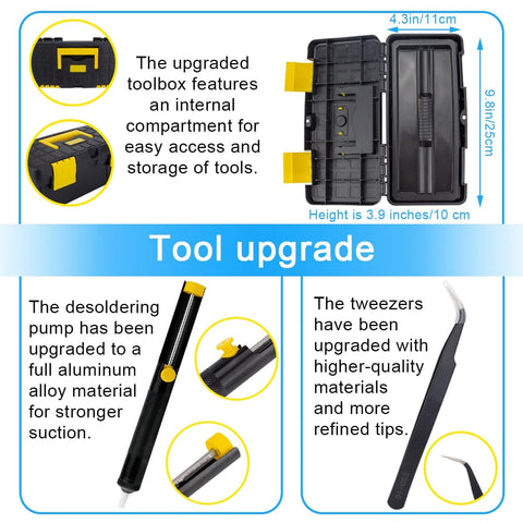 Tool upgrade features of Beast DIY 80W Soldering Gun Kit With Adjustable Temperature From 180 To 500 Celsius, including toolbox, pump, and tweezers.