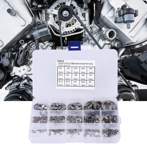 Pro Grade Stainless Steel E Clip Set With 300 Pcs Assortment, Covers M1.2 To M15 Retaining Rings Circlips visible in case