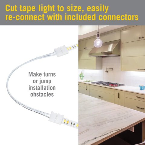 Ribbon Flex LED Tape Light Kit With Remote Dim To Warm 3000K To 1800K 16 Ft Cuttable installed in kitchen with connectors
