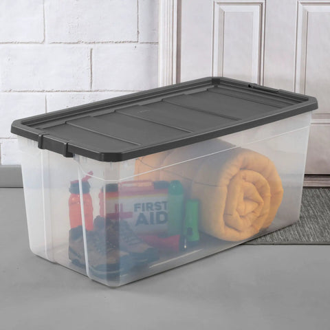 200 Quart Clear Plastic Modular Stacker Storage Bin Tote With Latching Lid Clear Base And Textured Sure Grip Surface In Flat Grey