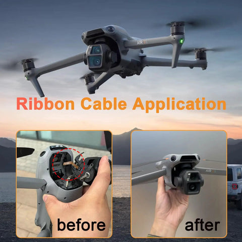 Gimbal Ribbon Cable Replacement for Air 3s Drone, before and after PTZ Flat Ribbon Wire Repair Part installation.