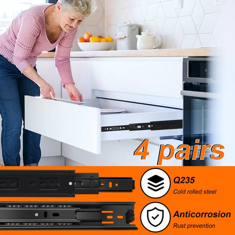 16 Inch Full Extension Drawer Slides Set, 4 Pairs (8 Pieces), Three Fold Side Mount Cabinet Glides, Black Beefy 100 Lb Capacity, Ideal For Dresser, Cabinet, Kitchen, Trash Can, Wardrobe installed in kitchen drawer