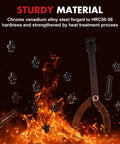 Jiimee 15-piece pulley holder tool kit with rust-colored adjustable wrench and pins, front view.
