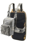 Versatile Tactical Hydration Pack With MOLLE System and Three Wear Modes featuring chest pack attachment shown in grey and black.