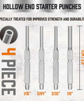 4-piece hollow end starter punches from 22-Piece Punch and Hammer Set With Interchangeable Hammer Heads, Steel Roll Pin Punch Set.