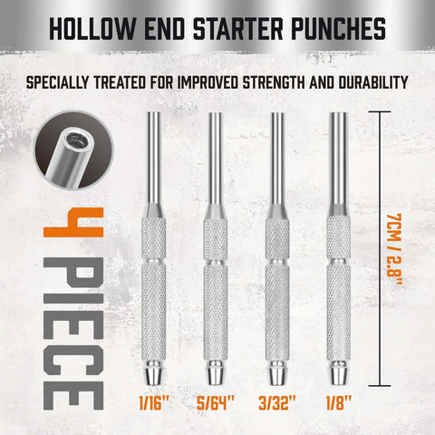 4-piece hollow end starter punches from 22-Piece Punch and Hammer Set With Interchangeable Hammer Heads, Steel Roll Pin Punch Set.