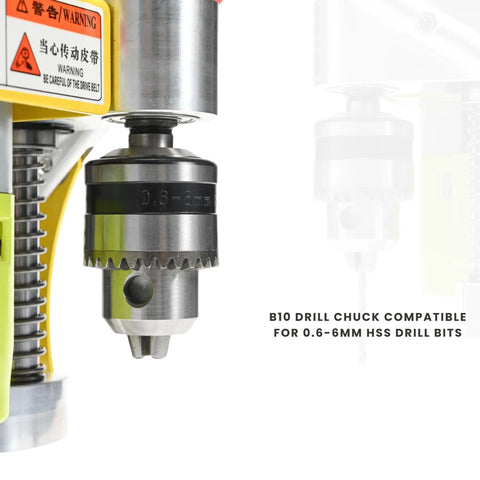 Close-up of B10 chuck on Mini Benchtop Drill Press With 7 Speed Settings And B10 Chuck, Handles 0.6-6mm Bits, 40mm Stroke