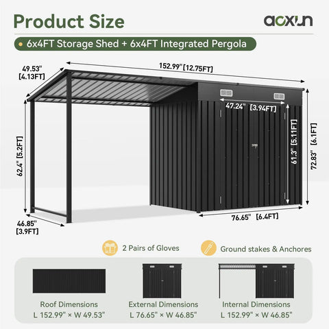 Diagram showing dimensions of Two In One Outdoor Storage Shed And Gazebo Combo With Heavy Duty Metal Frame, featuring shed and pergola.