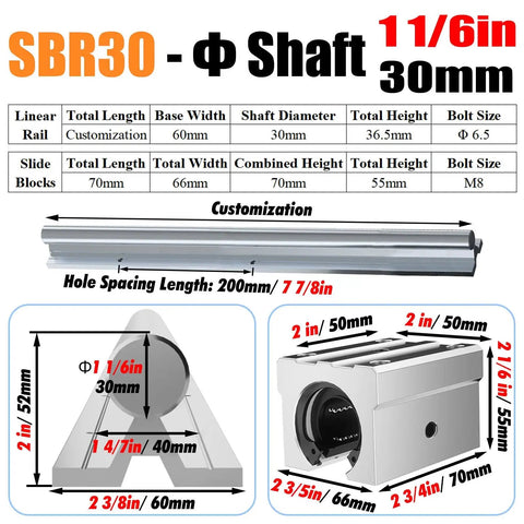 Diagram of SBR30 linear rail set with measurements for Beefed Up Heavy Duty Slide Rails With 2000lbs Capacity For Precision Cutting Machines And Equipment, Low Friction Linear Motion Guides With Square Type Bearing Block, 1000mm Length, Rust Resistant Chrome Plated Steel.