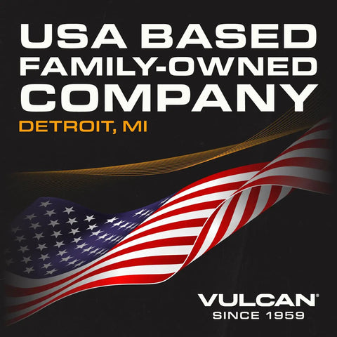 USA based family-owned company, Detroit MI logo with American flag and Vulcan text since 1959