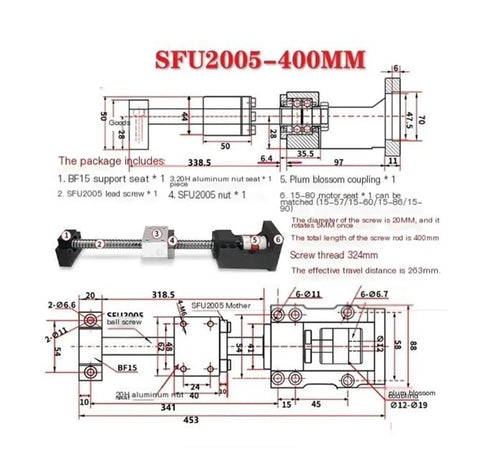 Ultra Low Backlash Ball Screw SFU2005 400mm For CNC Machines technical drawing with BF15 mount and coupler dimensions