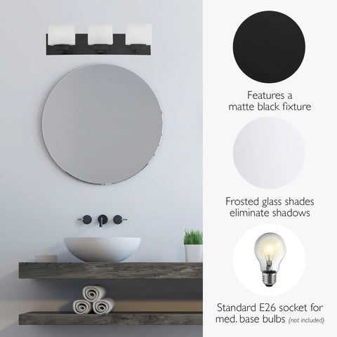 Four Light Matte Black Vanity Light With Frosted Glass Shades For Above Bathroom Mirrors Dimmable Fixture In Traditional Dove Creek Style
