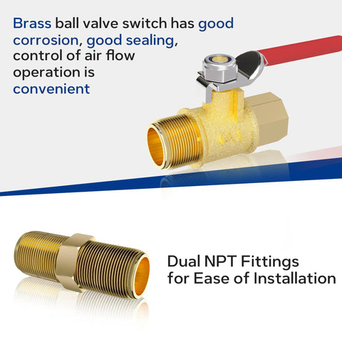Brass valve and dual NPT fittings from One Quarter Inch NPT Air Compressor Water Separator With Heavy Duty 3 Stage Drying System, Blue.