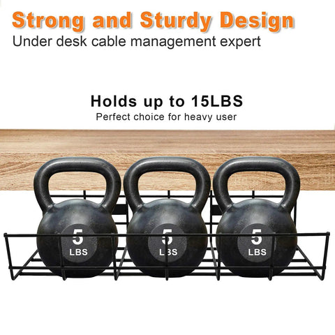 Under Desk Cable Management Tray 2 Pack Heavy Duty Metal Wire Cord Organizer holding 15 lb kettlebells under a desk.