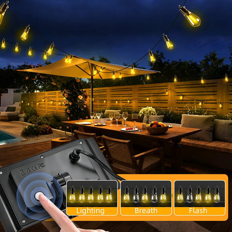 50ft Solar String Lights Outdoor With Remote Control S14 Bulbs Dimmable 3 Modes Waterproof Patio Setup