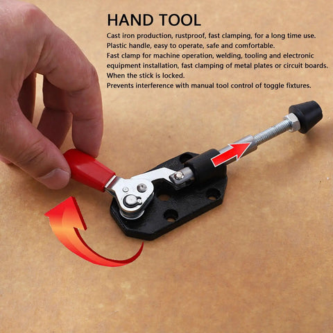 Rock Solid Two Pack Push Pull Toggle Clamps With Comfy Vinyl Grip Handles Rust Proof Cast Iron Frame Lightning Fast Quick Release Lever For Zero Hassle Woodworking And DIY Bench Work 20Mm Stroke in use, showing hand gripping clamp lever.