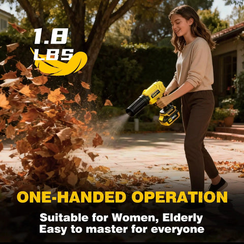 Person using Cordless Leaf Blower For 20V Max Batteries With Light Brushless Motor 720 CFM At 180 MPH Portable Handheld Tool in backyard