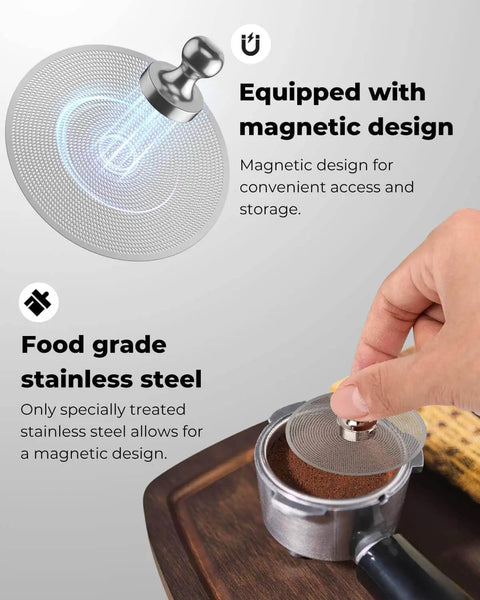 Top Shelf 3 Pack 58Mm Espresso Puck Screen 58.5Mm Slick 0.2Mm Ultra Thin stainless steel filter with magnetic design in use.